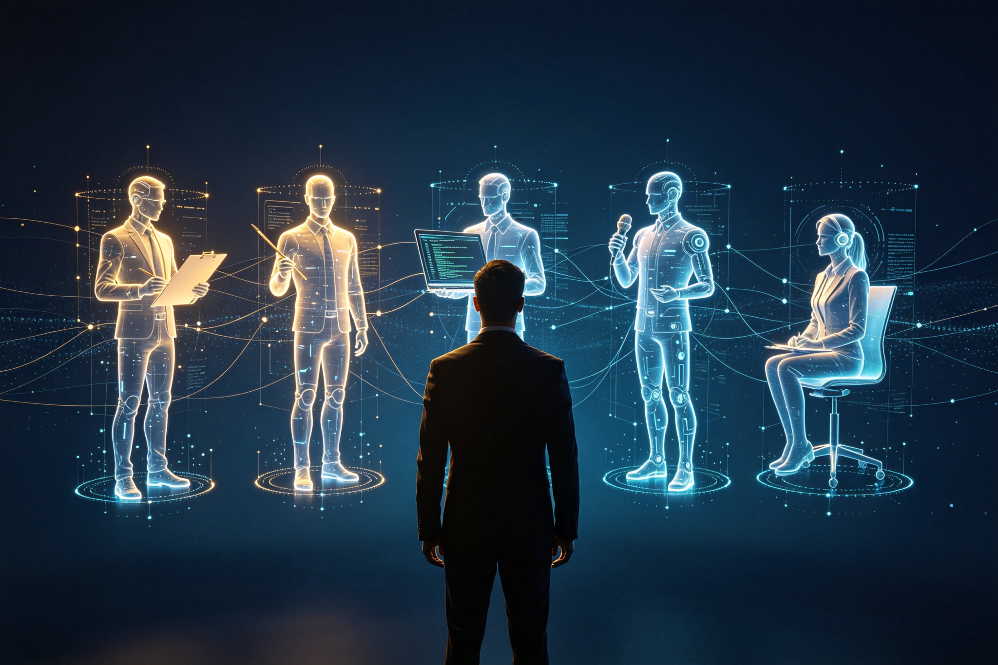 人类 CEO 面对五名全息数字员工，象征一人公司中的 AI 团队